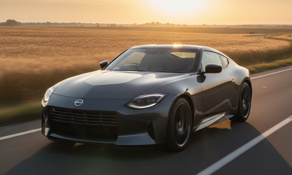 Nissan sports car driving on highway at sunset