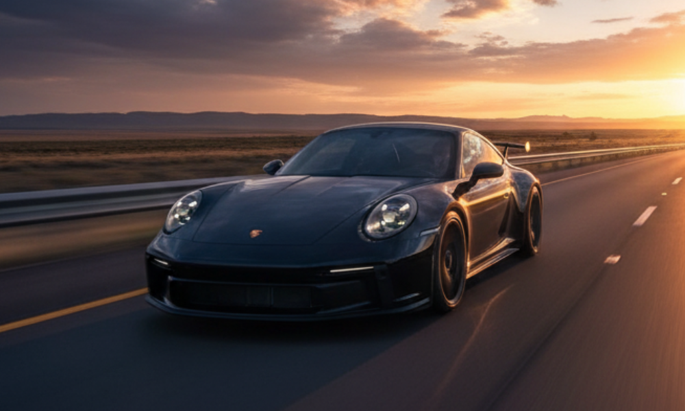 Porsche sports car driving on highway at sunset