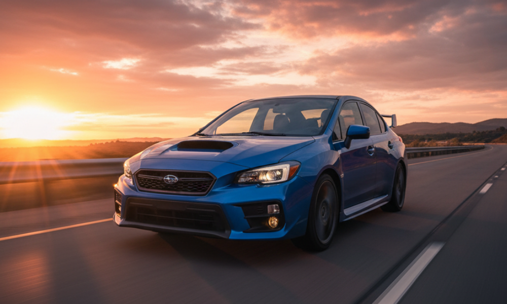 Subaru performance sedan driving on highway at sunset