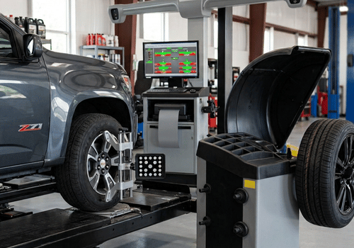Chevrolet Colorado undergoing a wheel alignment and tire service in a professional auto repair shop