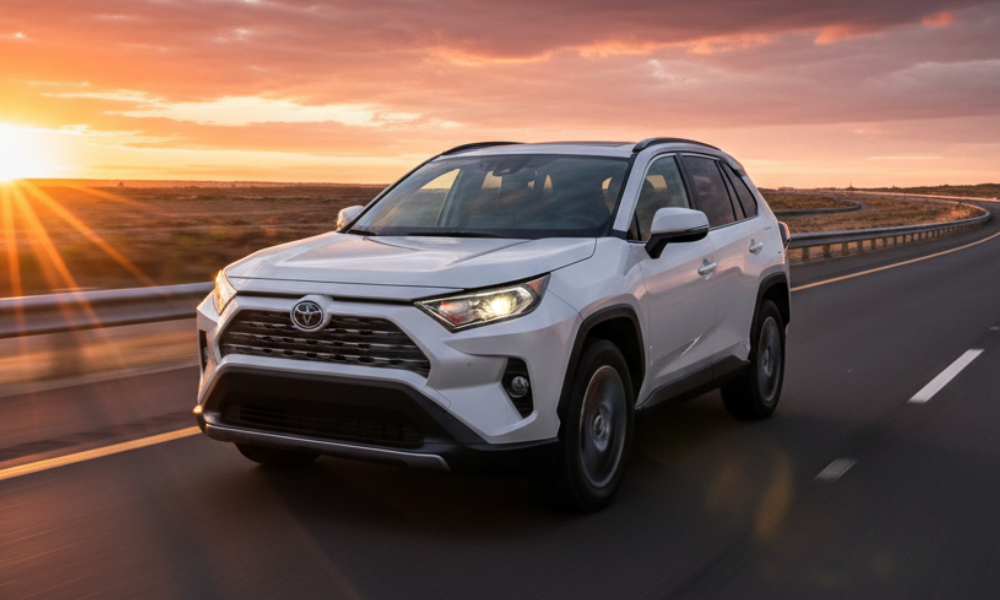 Toyota SUV driving on highway at sunset