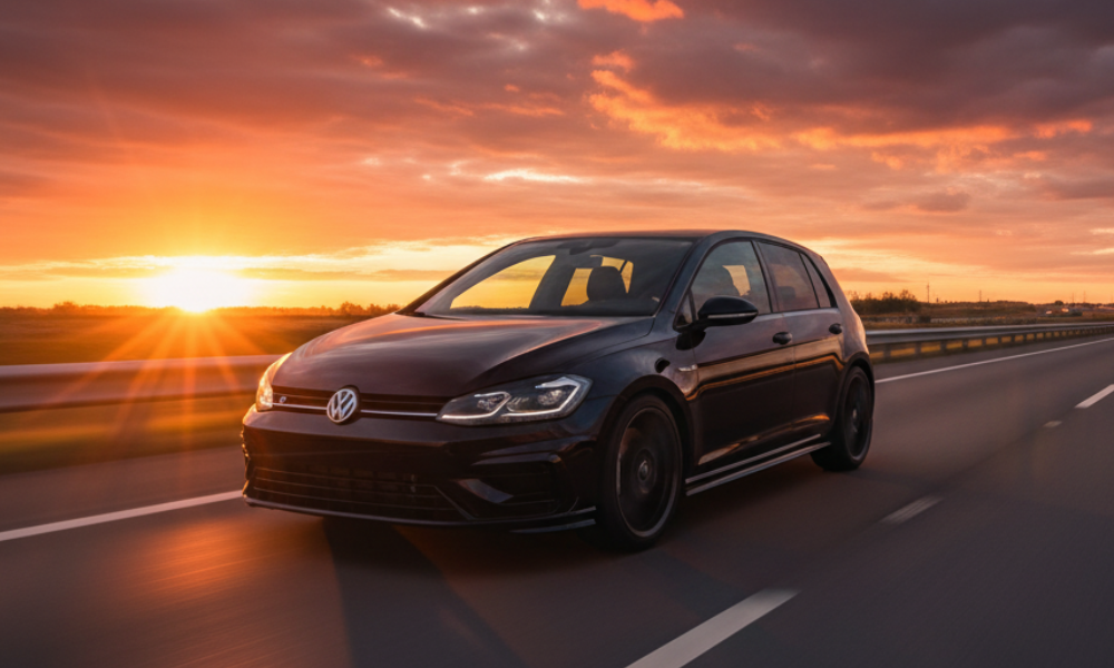Volkswagen hatchback driving on highway at sunset