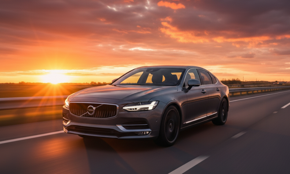 Volvo sedan driving on highway at sunset