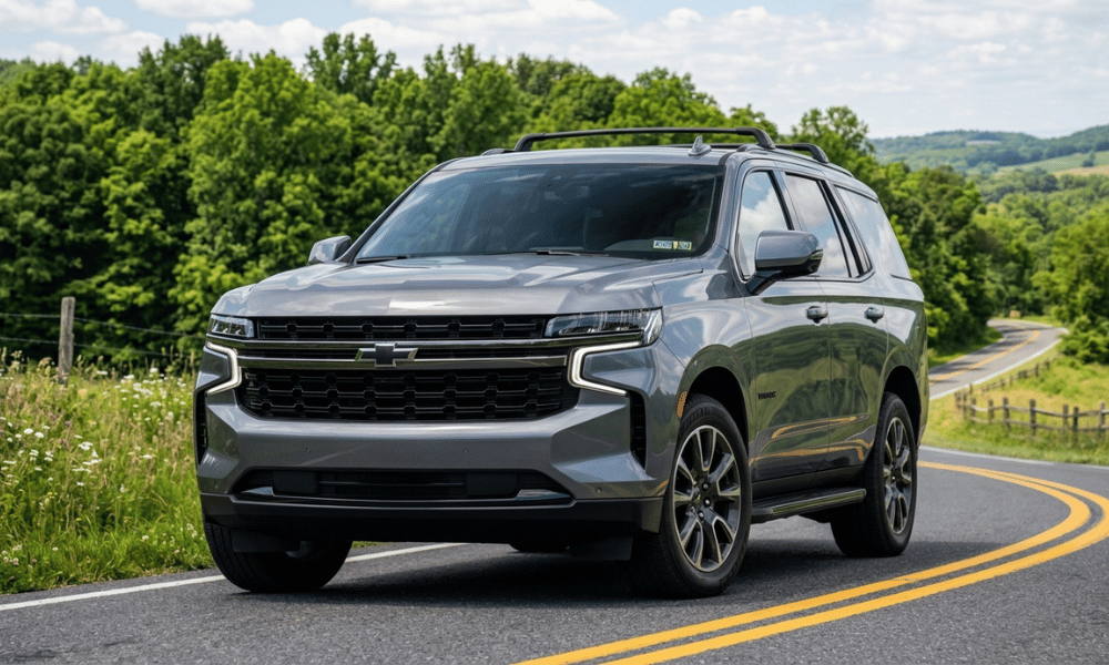 Gray Chevrolet Tahoe SUV parked on a scenic two-lane road surrounded by rolling hills and trees
