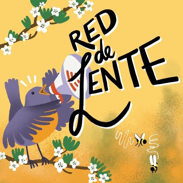 Geïllustreerde rood-paarse vogel op een gele bloemenachtergrond met de tekst