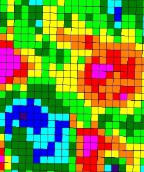Abstracte, gepixelde mozaïek van kleurrijke bloemen in groene, rode, blauwe, gele en roze blokken.