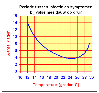 Grafiek van periode tussen infectie en symptomen bij valse meeldauw of drif tegen temperatuur