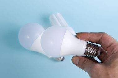 Hand holding two frosted light bulbs on a light blue background