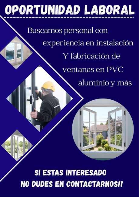 Oferta laboral en español con fondo azul, para instalación y fabricación de ventanas de PVC y aluminio.