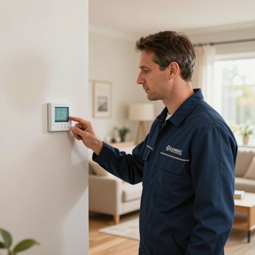 Certified Comfort of Georgia technician working on a home's thermostat in a bedroom