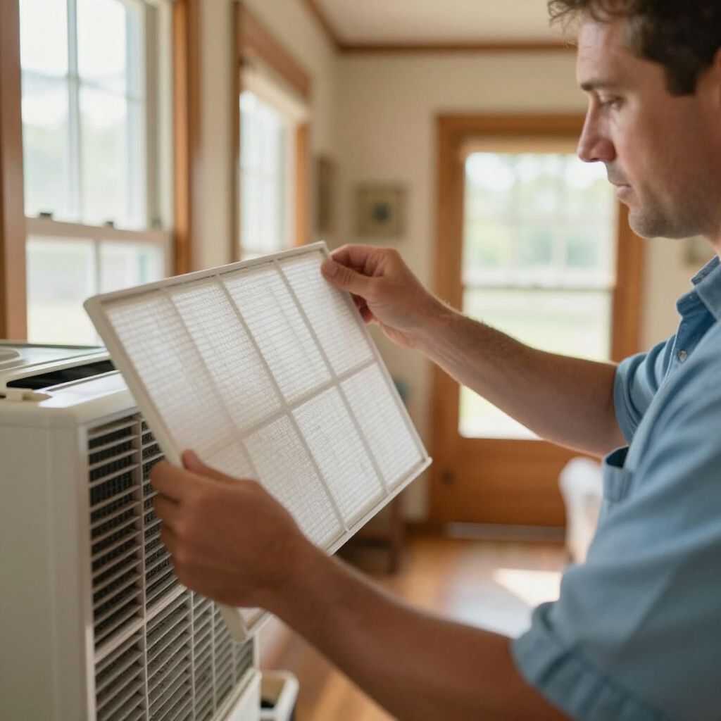 HVAC heating and cooling Certified Comfort of Georgia HVAC tech looking at and replacing HVAC filter inside of customer house