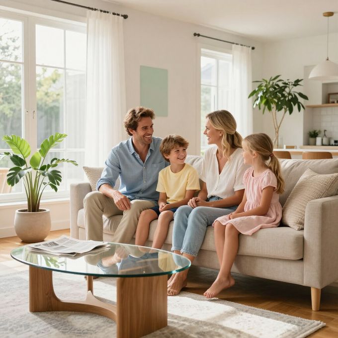 Family of parents and children sitting in home with good air quality after having HVAC unit replaced and installed in a home