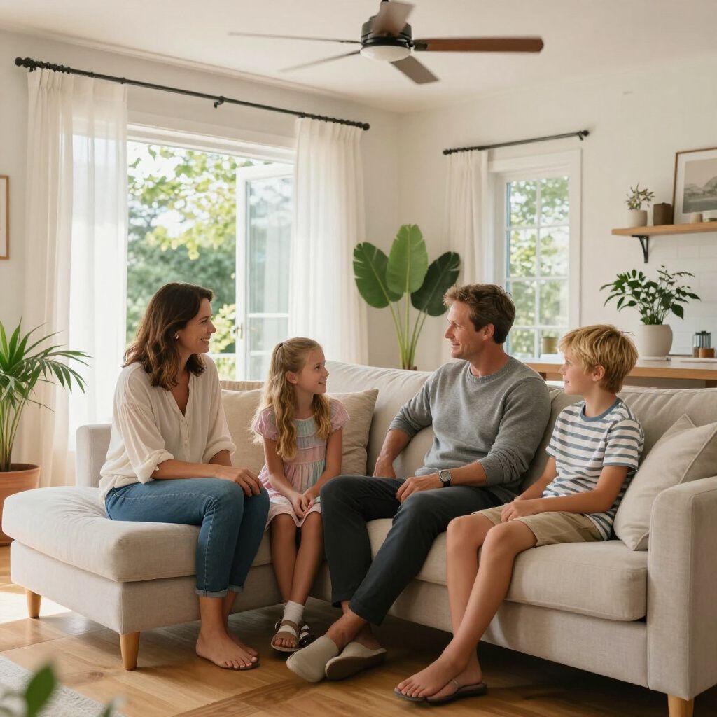 Family of parents and children sitting in home with good air quality after having HVAC unit replaced and installed in a home