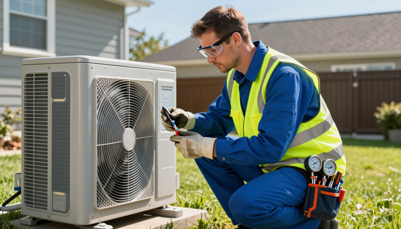 Professional HVAC technician working on an air conditioning system