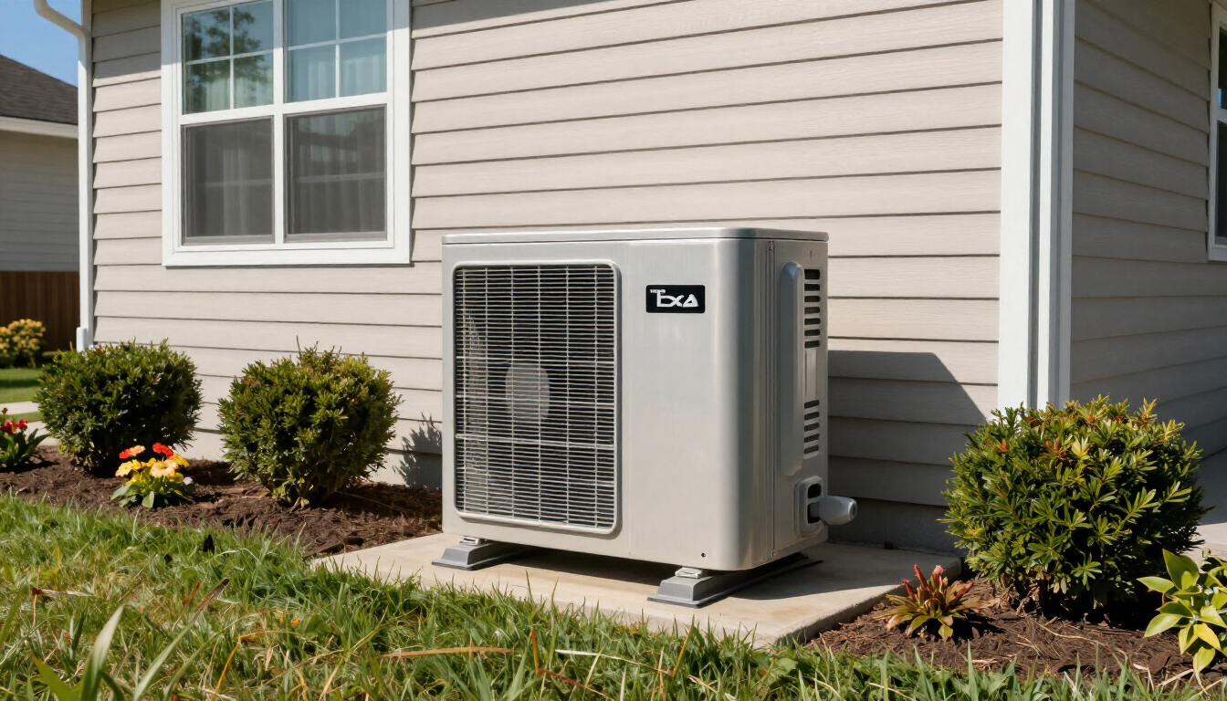 A well-maintained outdoor air conditioning unit in a sunny yard.
