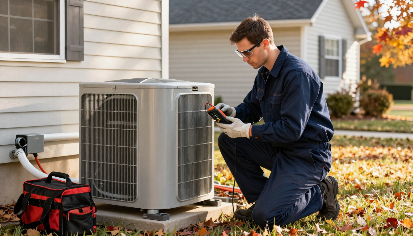 HVAC technician inspecting a heat pump during fall maintenance