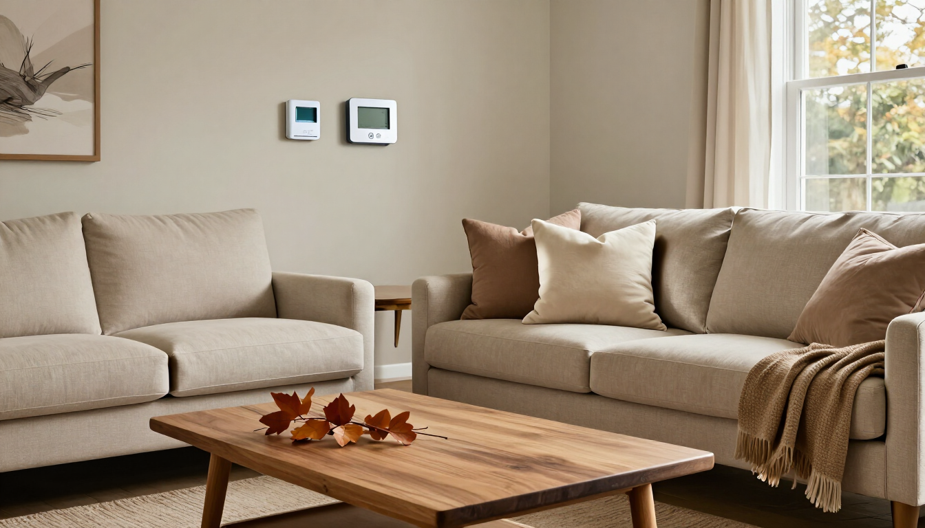 Comfortable Georgia family room with a thermostat set for fall heating