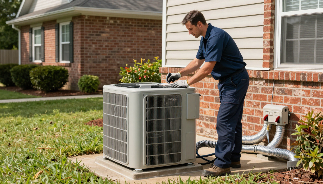 Technician checking an AC unit for summer AC warning signs