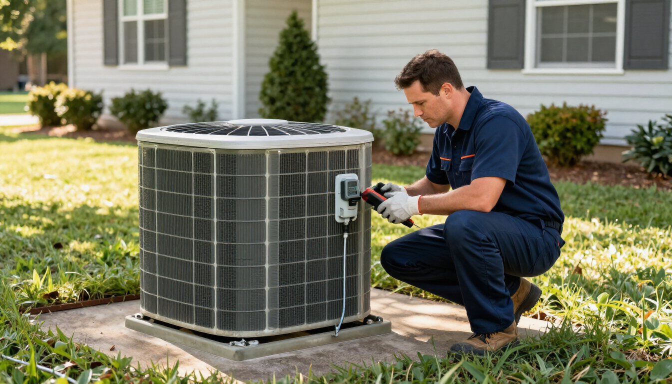 Technician checking an AC unit for summer AC warning signs
