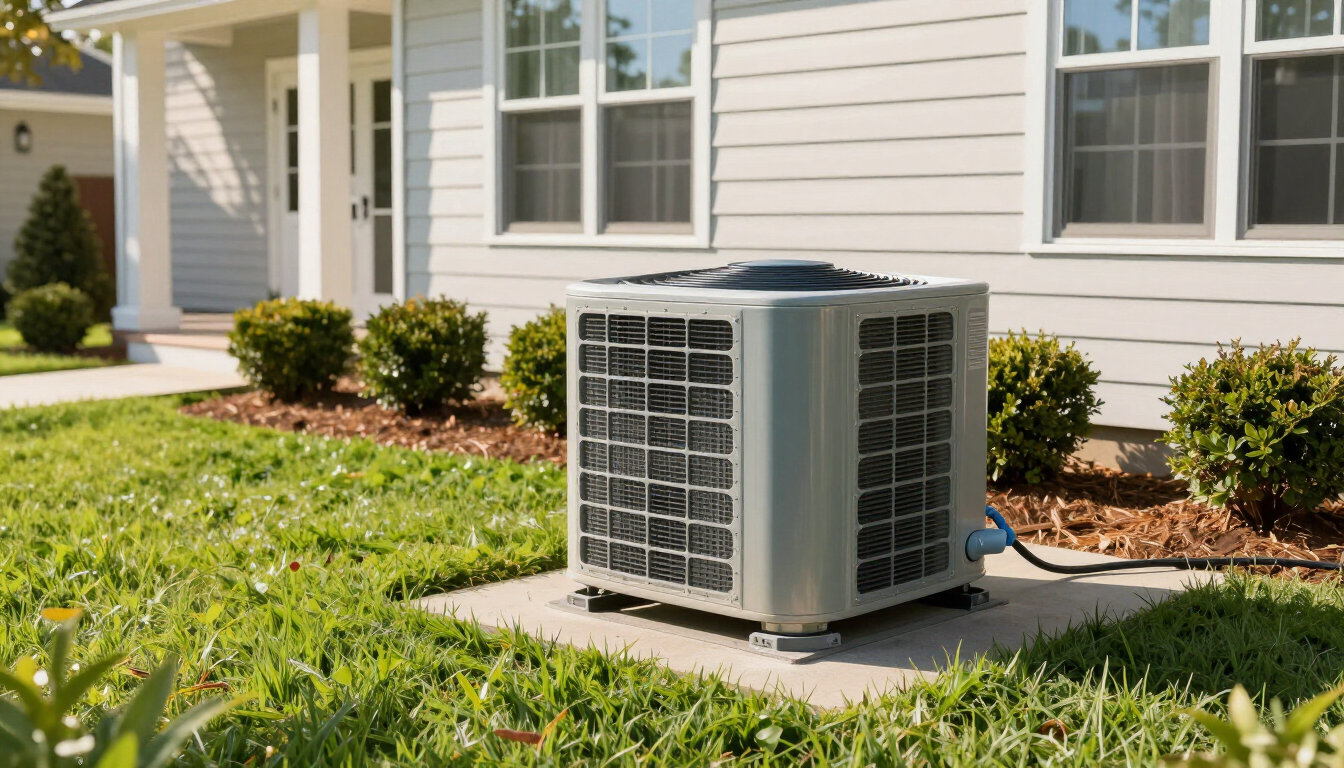 Clean outdoor air conditioner beside a Georgia home on a sunny summer afternoon