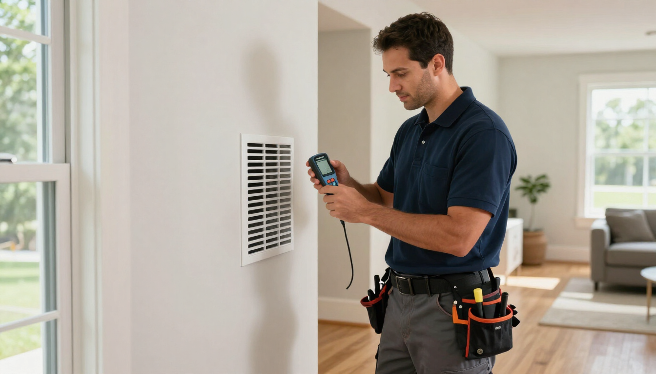 Indoor HVAC technician reviewing airflow readings in a Georgia home