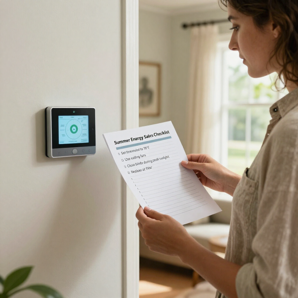Photorealistic homeowner reviewing a summer energy savings checklist beside a smart thermostat