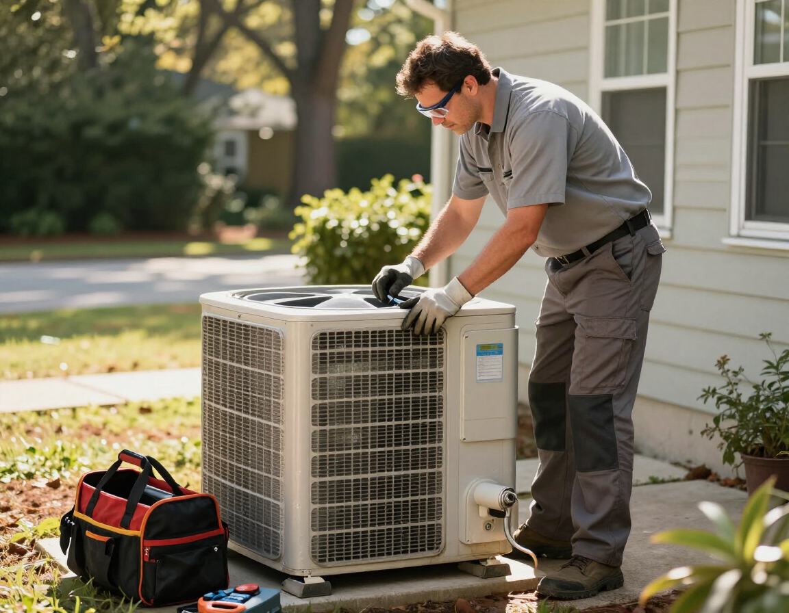 Photorealistic HVAC technician performing preventive AC maintenance on an outdoor condenser in Georgia