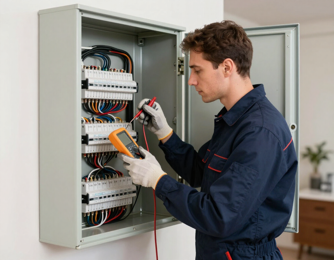 HVAC technician checking an air conditioner electrical panel