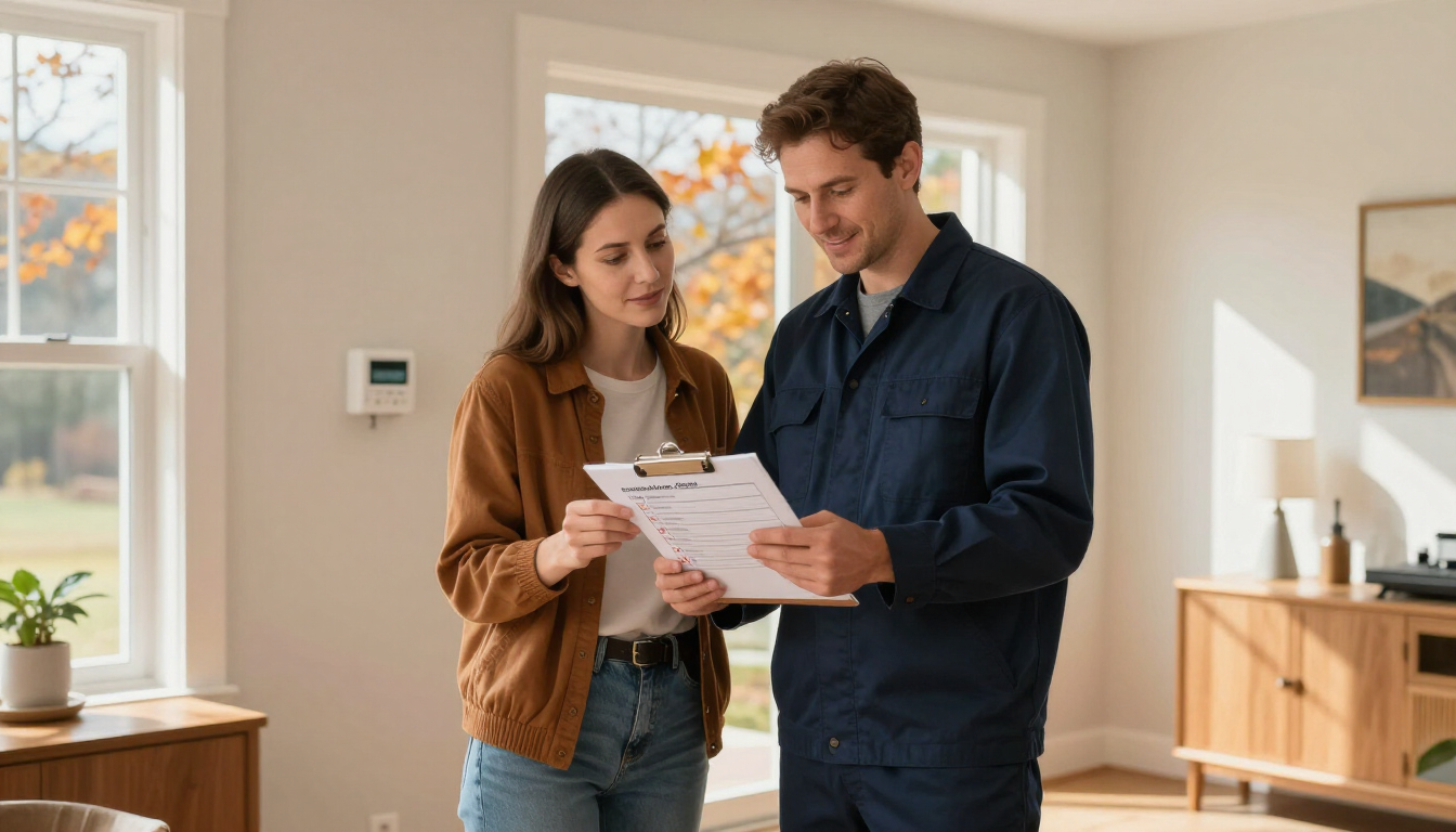 Homeowner reviewing an HVAC maintenance checklist with a technician
