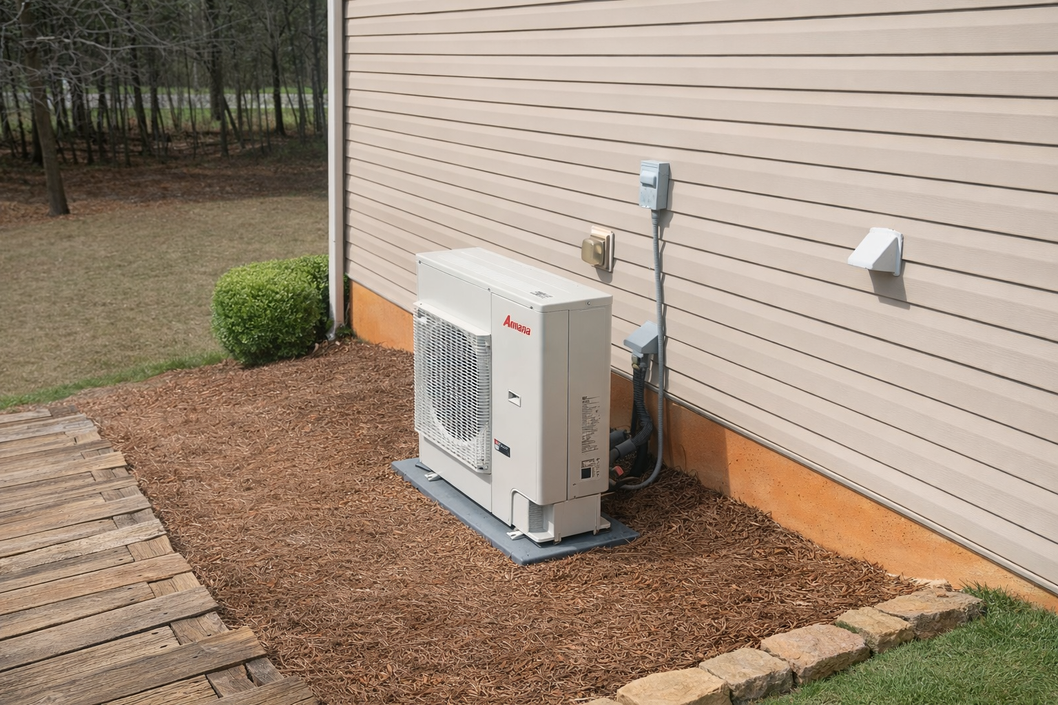 hvac unit replaced and installed in home in Winder GA with mulch and grass outside of cream colored house and wooden walkway