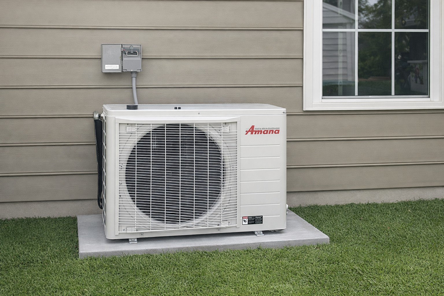 New HVAC unit replaced for a customer in Arcade GA. Heating and cooling unit is outside of a house with grass in the summer