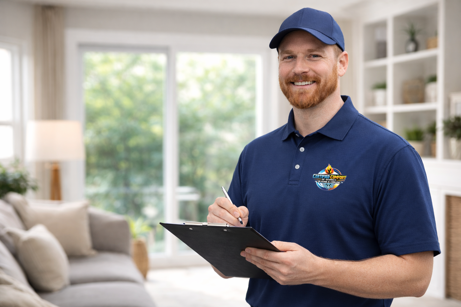 Certified Comfort of Georgia technician inside of a customer's living room in Toccoa GA with a clipboard and pen making notes