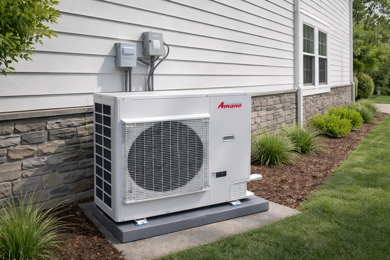 Amana HVAC unit outside of a home in commerce ga with plants and mulch around the HVAC unit