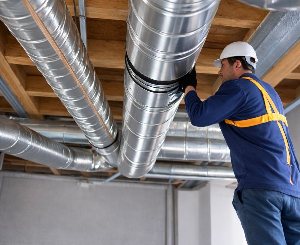 air quality control HVAC heating and cooling services with a certified comfort of ga hvac technician working on silver pipes