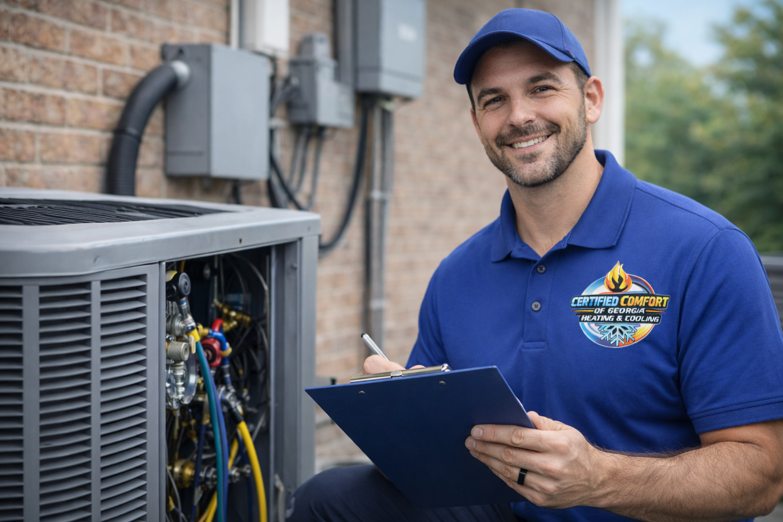 HVAC heating and cooling Certified Comfort of Georgia technician wearing a uniform and holding clipboard outside of a house