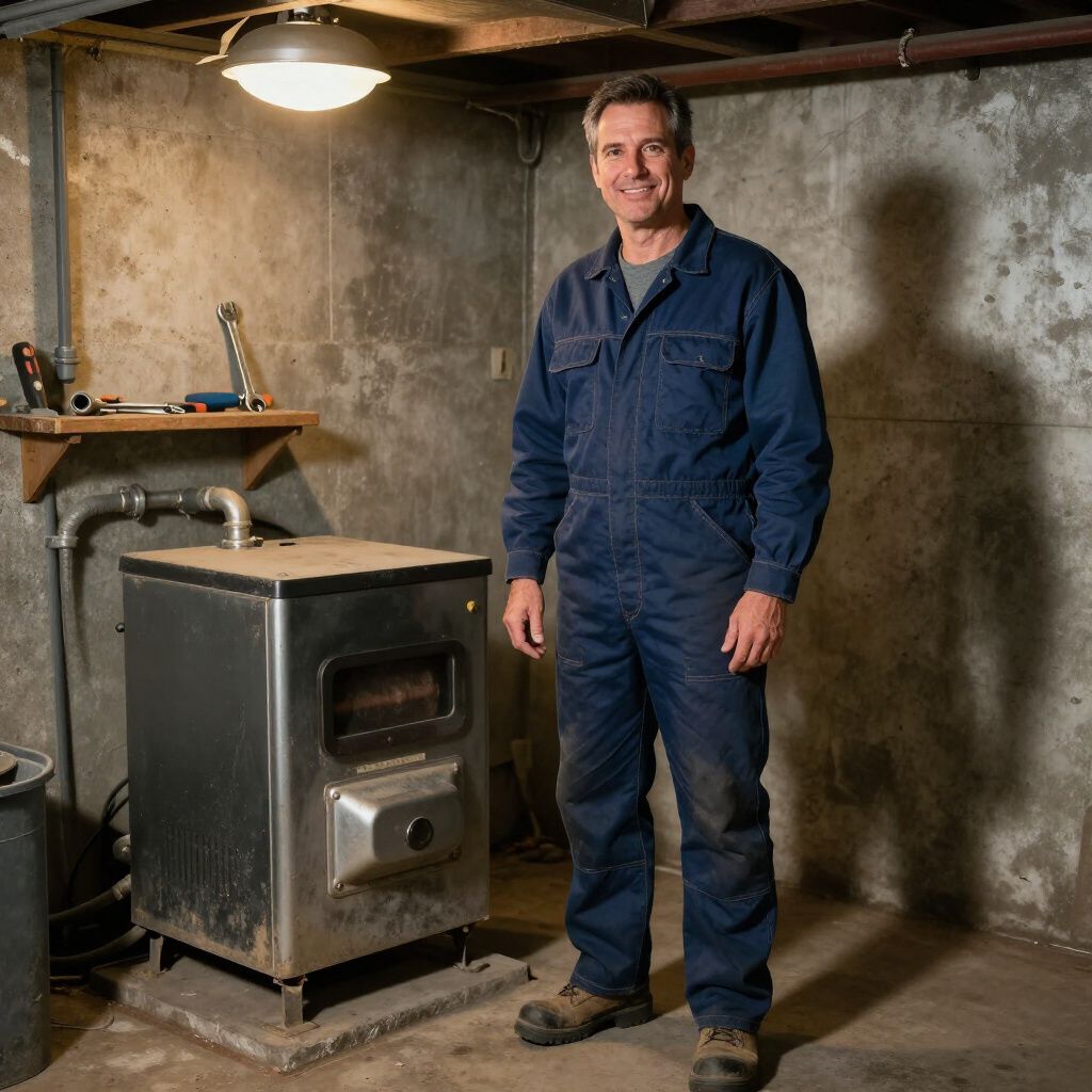 Certified Comfort of Georgia technician working on a air purifying unit in a customer's basement with metal and cement walls