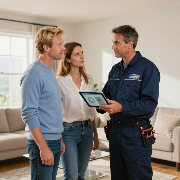 Certified Comfort of Georgia technician reviewing the diagnostic report for HVAC system replacement in Jefferson GA