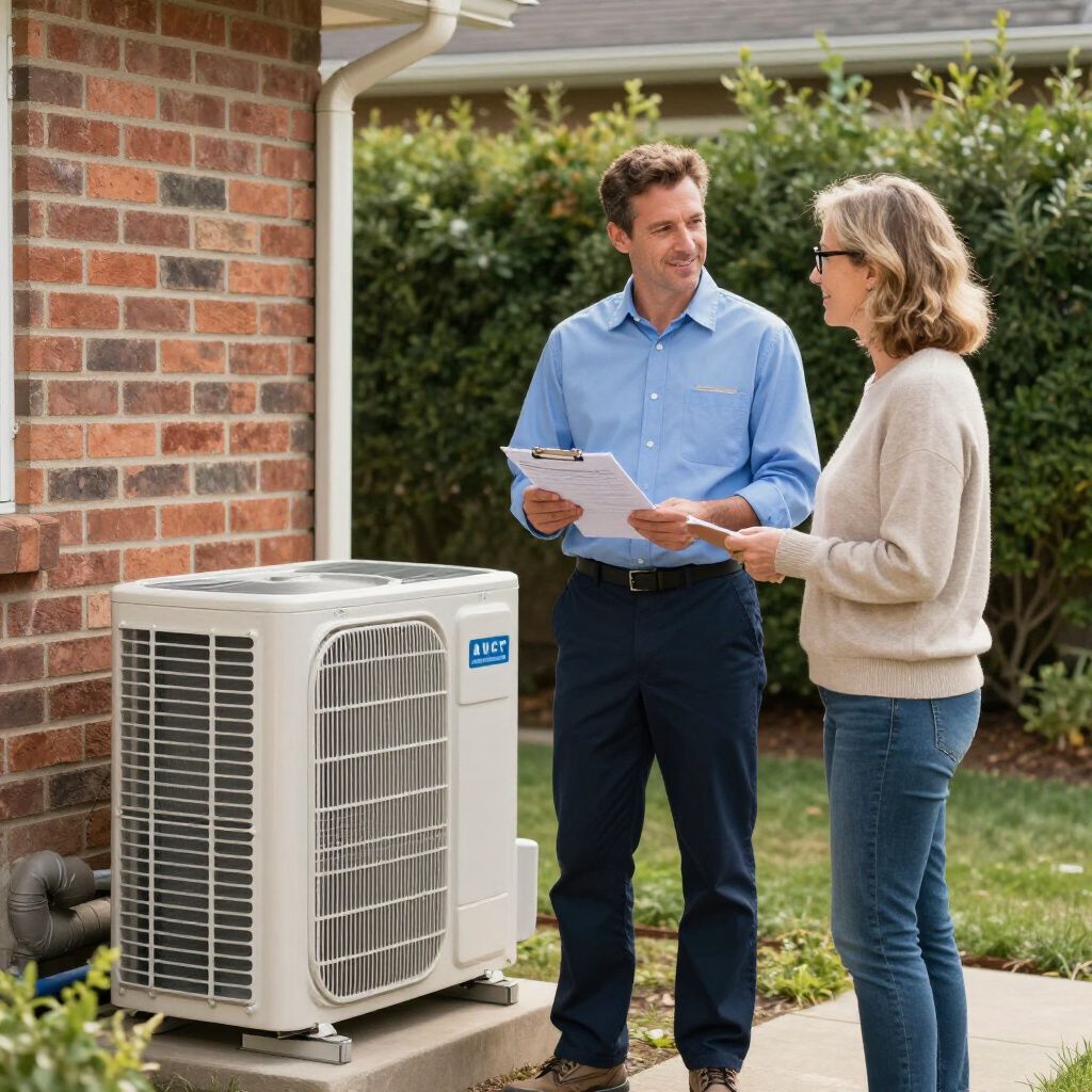 Certified Comfort of Georgia technician showing female customer her new annual hvac maintenance plan in Flowery Branch GA