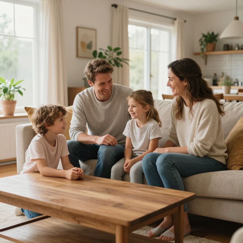 Family with a father, mother, and two children enjoying their heating and air system in their home with good quality airflow