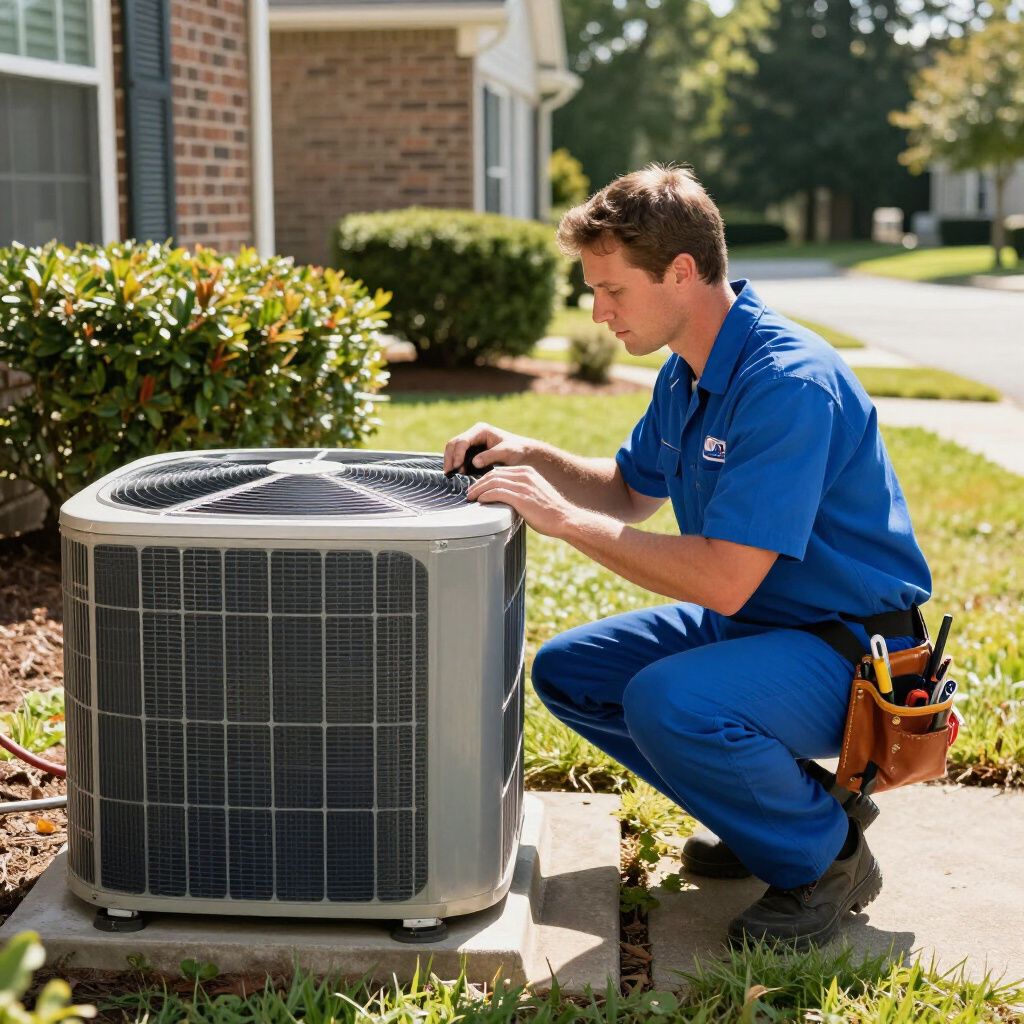 HVAC technician from Certified Comfort of Georgia working on a customer's HVAC heating and cooling until outside of a house