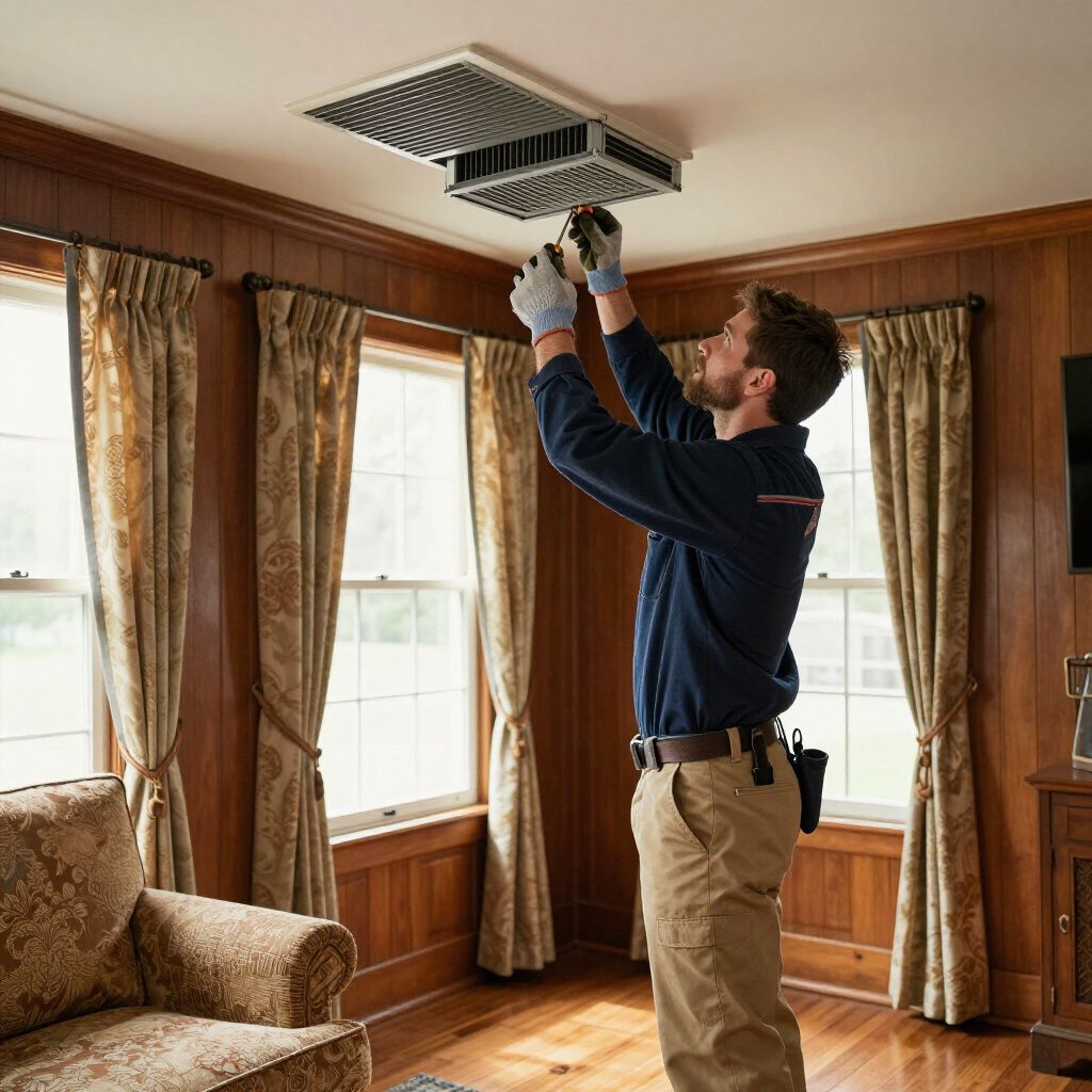 HVAC heating and cooling technician replacing a heating and air vent in a customers house in winder ga wearing gloves