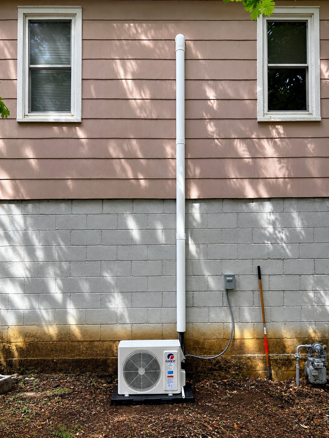 Technician performing summer HVAC maintenance on an outdoor unit