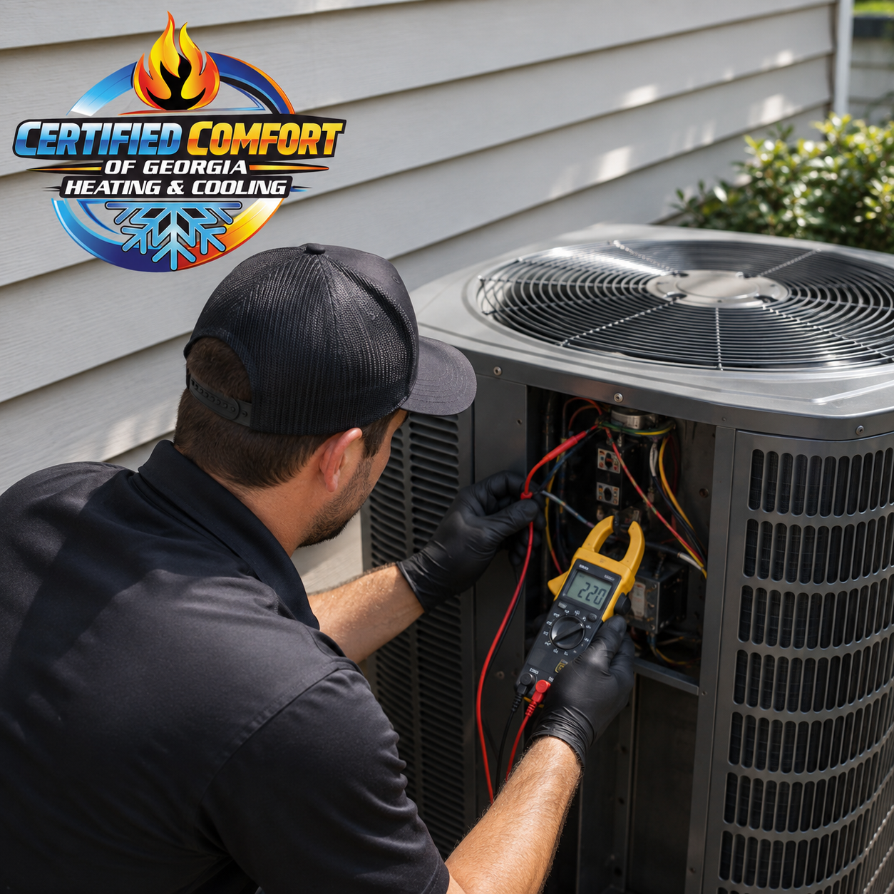 Emergency AC repair technician inspecting an outdoor unit