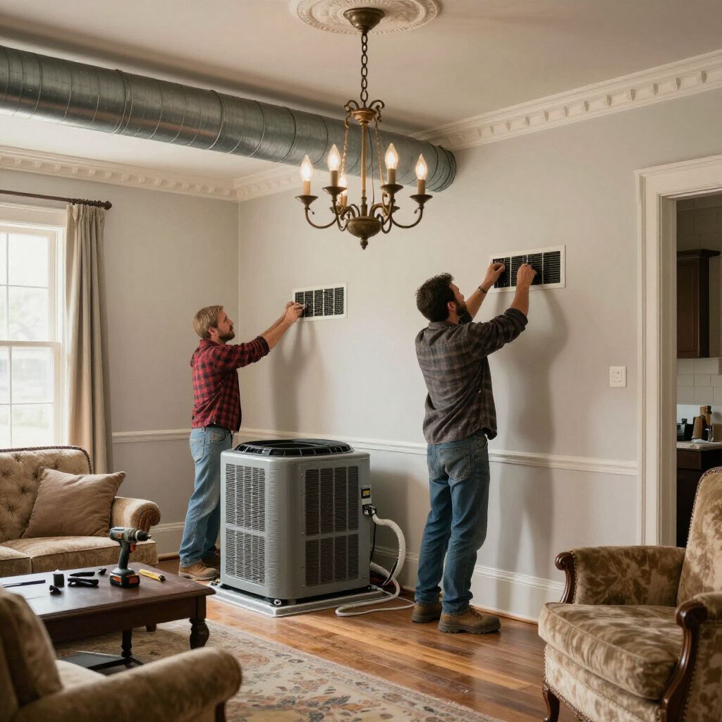 HVAC heating and cooling technicians, one in red and one in brown, working on hvac air vents in a customer's house