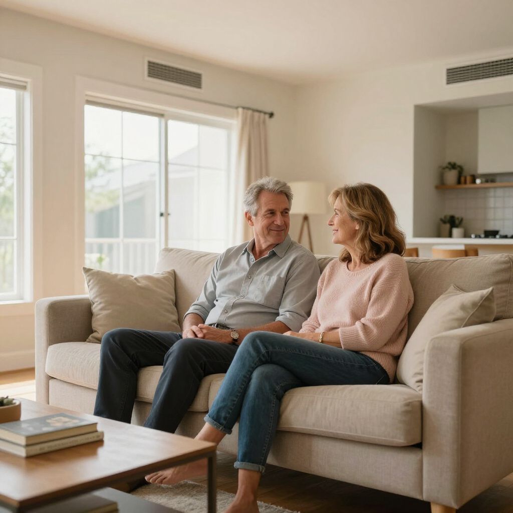 Customers sitting on living room couch enjoying the comfort of their heating and cooling system inside house in Maysville GA