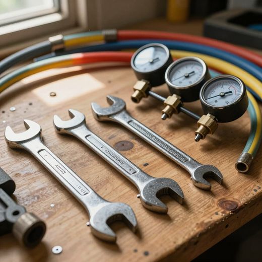 hvac tools, wrenches, piping, and air pressure measuring tools on a wooden counter next to a window