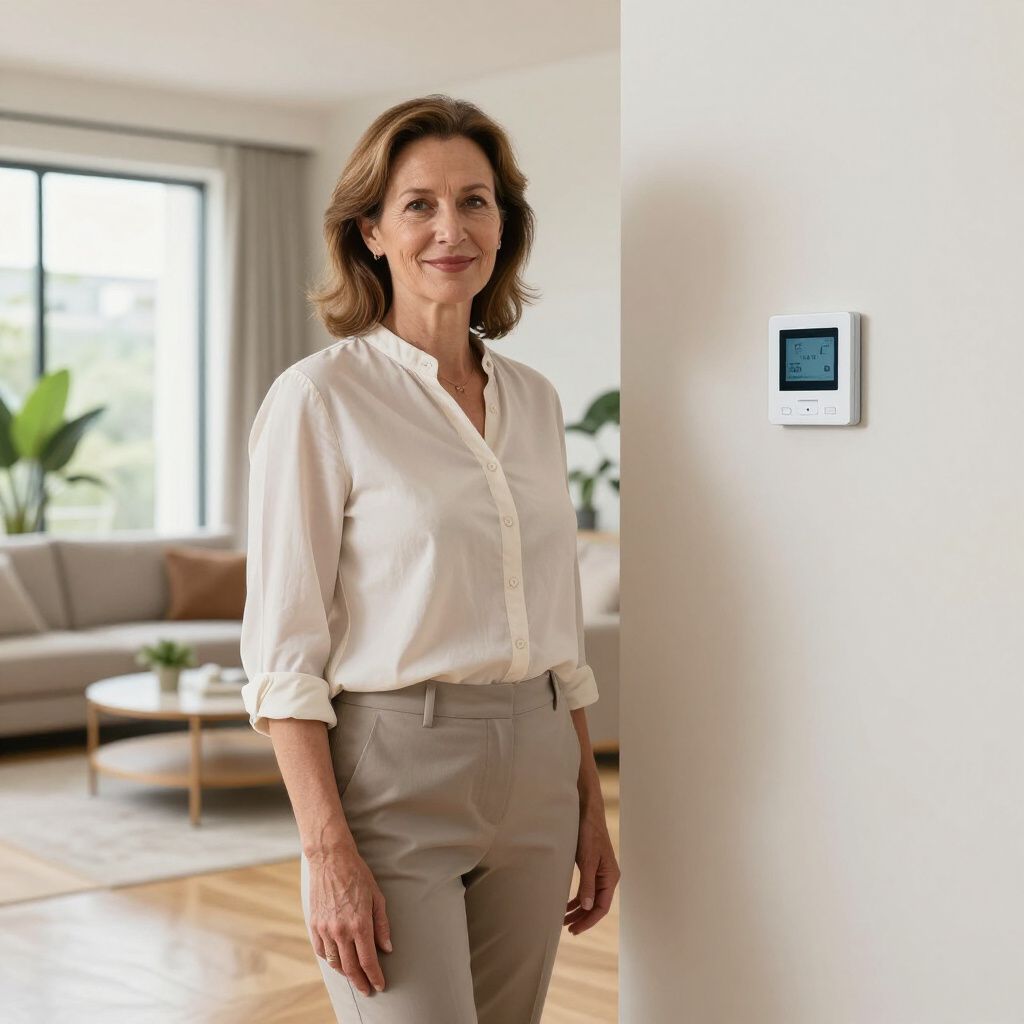 older female customer standing next to her newly installed thermostat in her living room