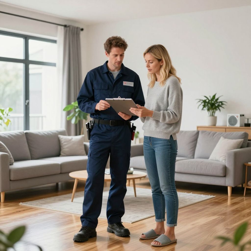 Certified Comfort of Georgia technician reviewing the HVAC repairs and annual maintenance plan for a customer in her home