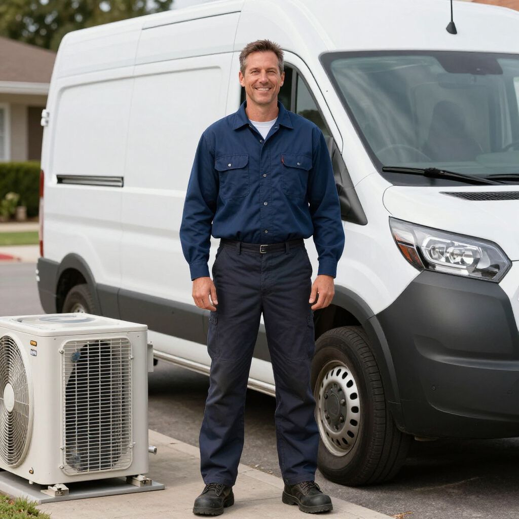Certified Comfort of Georgia technician outside of the white utility van at an assisted living facility in Commerce GA