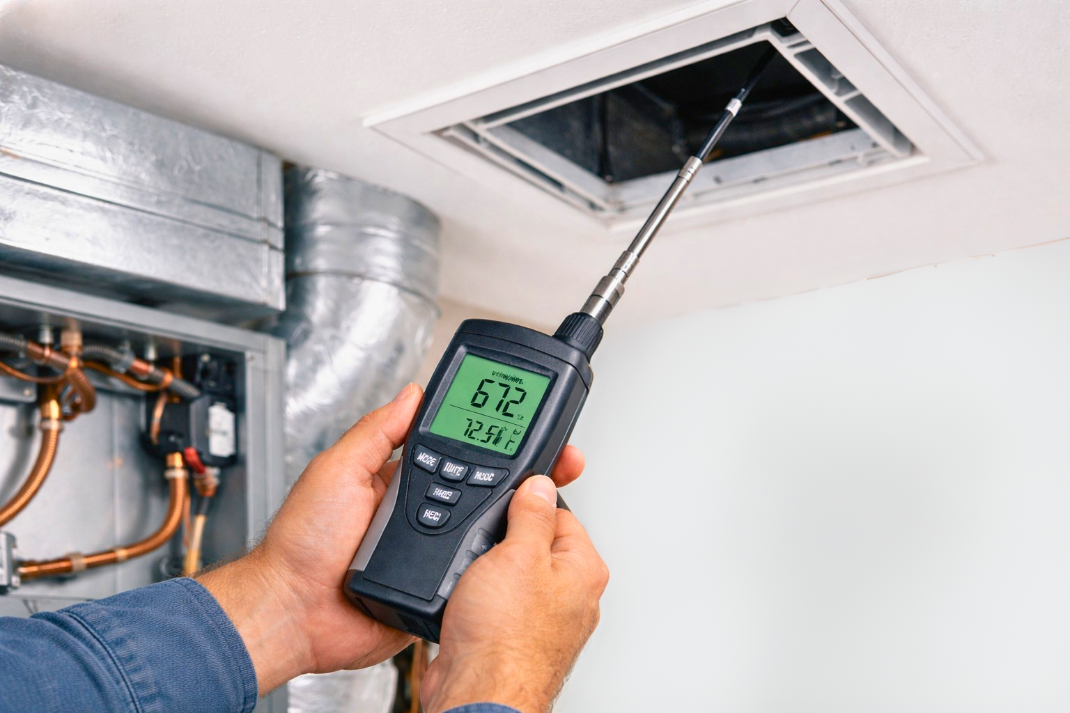 Heating & cooling ac measuring  air quality tool below a vent in house in north GA. Certified Comfort of GA tech in blue hat